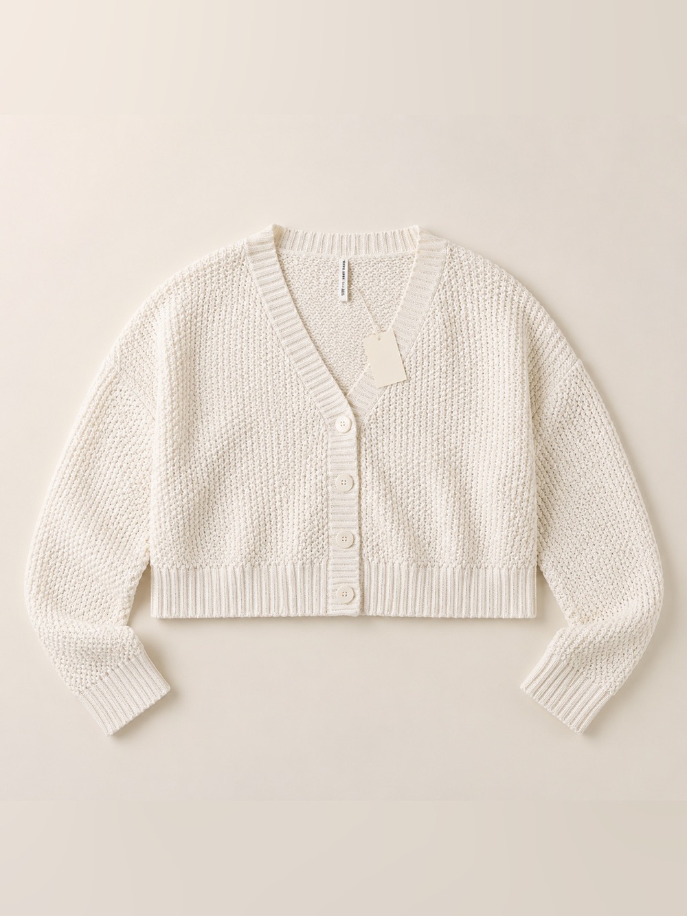 Cropped V-Neck Button-Front Cardigan Sweater in Cream